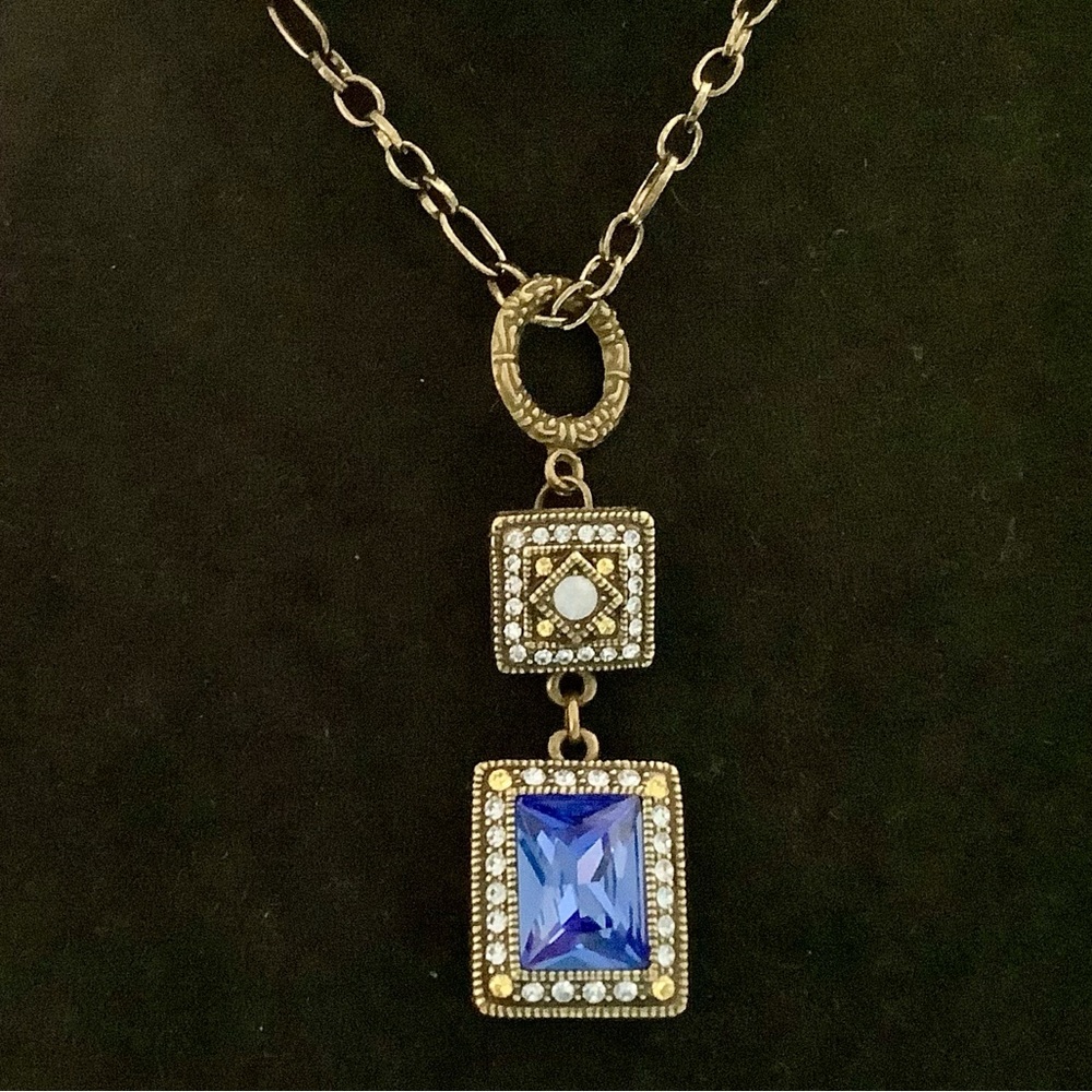 Heidi Daus Blue and Gold Rectangular Crystal Drop Necklace